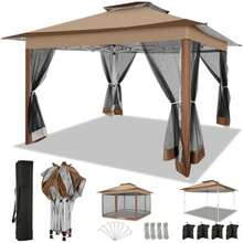 12x12 FT Pop Up Gazebo On  Canopy Tent, Carpas Para Patio, Easy Up Outdoor Canopy Tents With Portable Storage Bag For Backyard, Outdoor Waterproof Gazebos For Garden, Camping, Brown - Black - View 8