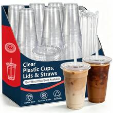 FookmeKag 12/16/20/24 Oz Clear Reusable And Washable Cups With Flat Lid And Straw, Heavy-Duty Crystal Cold Drink Cups For Iced Coffee, Iced Tea, Milkshakes, Smoothies - Perfect For Christmas Parties, Family Gatherings And Office Daily Use - 規格 - 查看 2