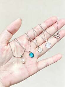 5pcs/Set Elegant Design Necklace With White Jade Moonstone, Minimalist Luxury Versatile Choker Necklace - Necklace - View 1