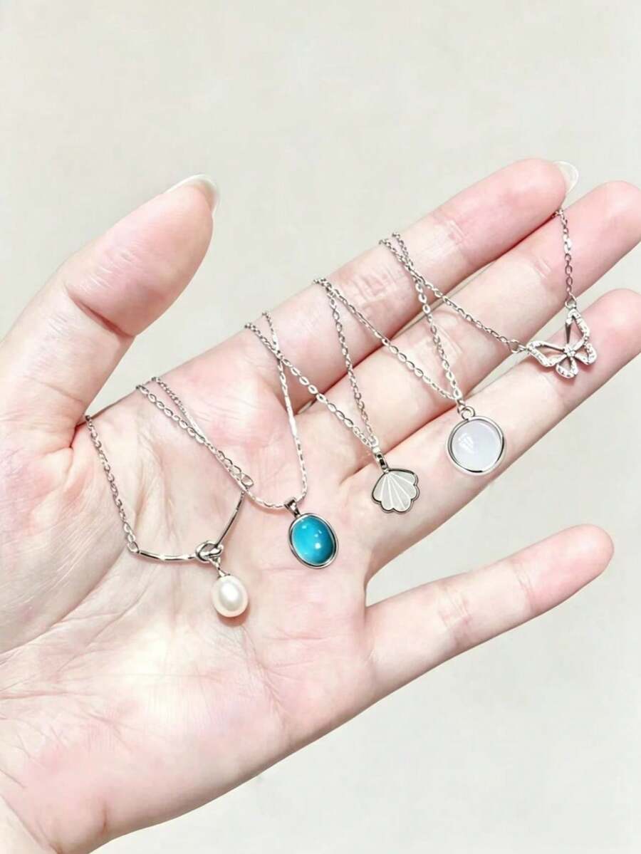 5pcs/Set Elegant Design Necklace With White Jade Moonstone, Minimalist Luxury Versatile Choker Necklace - Necklace - View 1