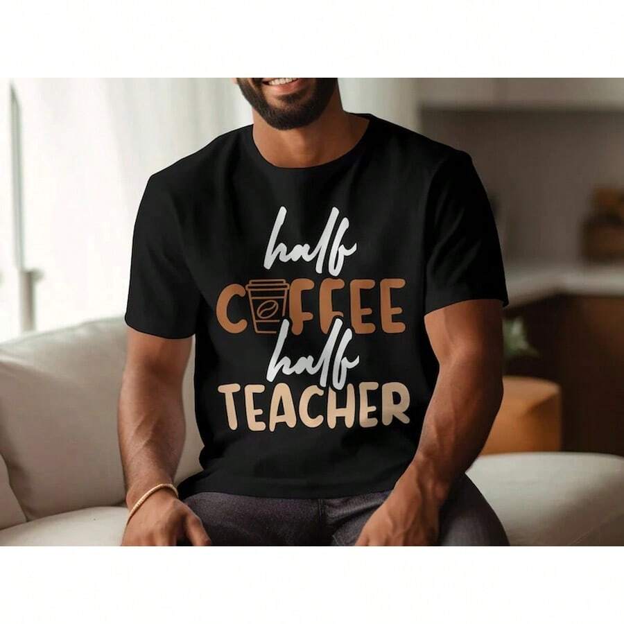 Funny Teaching Shirt, Half Coffee Half Teacher Tee, School Staff Gift - 黑色 - 查看 1