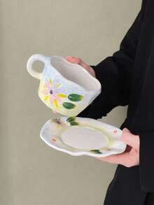 1 Set Creative Hand-Pinched Coffee Cup And Saucer, Hand-Painted Embossed Floral Ceramic Cup, Tea Cup, Water Cup, Mug, Suitable For Office, Living Room, Home Use, Gift, Cup, One Cup Of Coffee - Multicolor - View 7