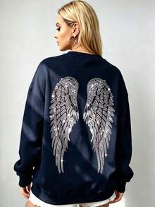 Women's Oversized Angel Wings Print Hoodie - Black Y2K Back Graphic Pullover,  Fall Winter  Streetwear , Comfy Oversized Silhouette2026 - 藏青色2 - 查看 2