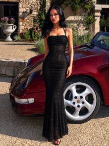 UNITHORSE Neck Tie Backless Pleated Sequin Dress - Black - View 4