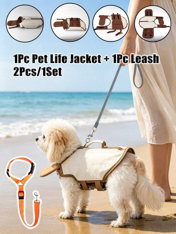 2pcs/Set Pet Life Jacket, Sporty Lightweight Beach Swimsuit, Protective Wear, Dog Swim Vest, Dog Floating Water Jacket, Suitable For Small And Medium Dogs, Can Be Used For Outdoor Walks, Leash, Pet Life Jacket And Swimsuit
