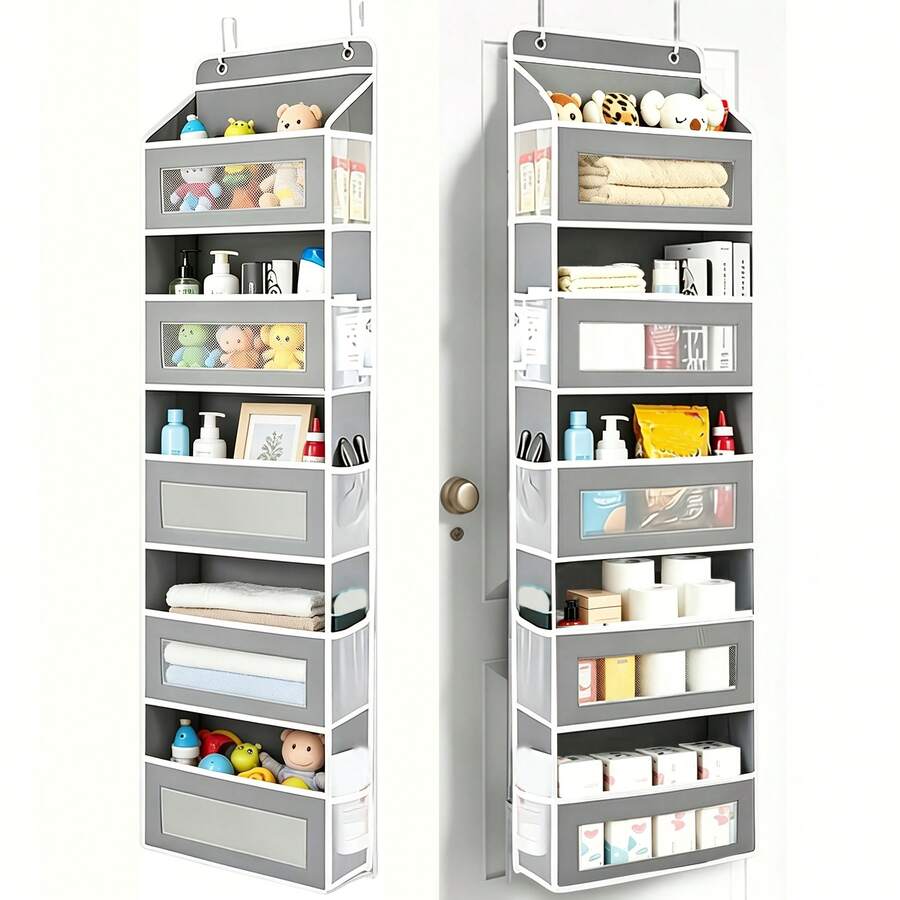 FF FINESSE THING 5-Tier Door Hanging Storage Organizer, Heavy-Duty Non-Woven With 5 Large Pockets & Hooks, Vertical Space Saver For Bathroom Wardrobe Bedroom Dorm, Holds Cosmetics, Toiletries, Towels & Cutlery - 灰色-5層10口袋 - 查看 1