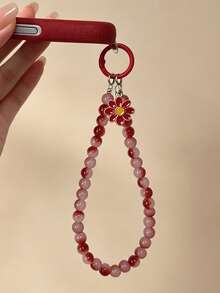 Cute Red Daisy Phone Lanyard, Sweet Red & Pink Beaded Phone Strap, Aesthetic Floral Wristband - Multicolor - View 3