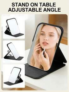 Foldable PU Makeup Mirror, Mini Portable Handheld Travel Mirror, Leather Pocket Mirror, Princess Style Mirror Suitable For Student Dorm, Makeup Accessory, Essential Travel Makeup Tool. Suitable As Gift For Women, Parents, Teachers, Halloween, Christmas, Holiday Essential - Black - View 4