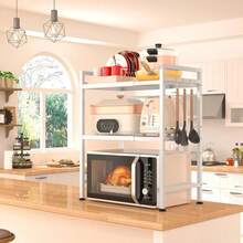 Rejilla extensible de 3 niveles para horno microondas de cocina color negro, organizador multifuncional para electrodomésticos, platos, especias y utensilios, diseño ajustable que aprovecha el espacio vertical de la encimera, estructura resistente y estable, ideal para cocinas pequeñas, fácil de montar y limpiar, - Blanco - Ver 8
