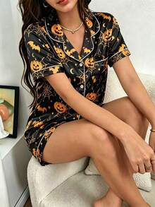 Dreamivo Women's Halloween Skull Ghost Pumpkin Print Collared Button-Up Shirt With Pockets Short Sleeve Top And Printed Shorts 2-Piece Pajama Set - Multicolor - View 3