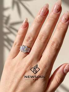 1枚925纯银经典闪耀三石戒指，订婚戒指，结婚戒指，女士承诺戒指，永恒戒指，精致珠宝礼品 - 銀色 - 查看 4