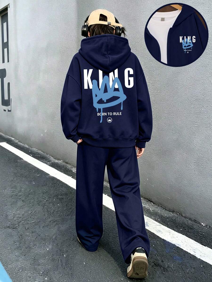 2pcs Hoodie Set, Printed With "King" Letter And Crown Pattern, Paired With Simple Loose Wide Leg Pants, New Autumn/Winter Daily Outfit Set - Navy Blue - View 1