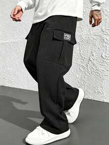 Men's Solid Color Fashion Cargo Pants, Straight Leg, Elastic Waist, Loose Fit, Single Side Embroidered Logo, Long Pants - Black - View 1