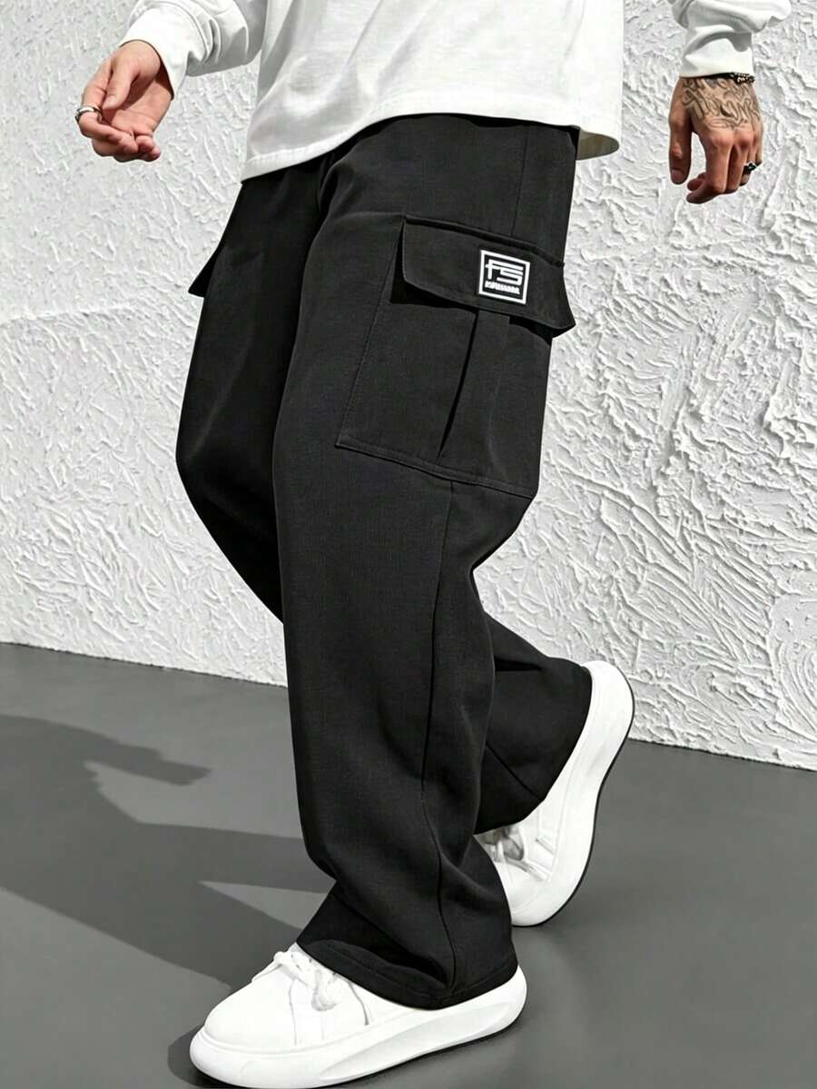 Men's Solid Color Fashion Cargo Pants, Straight Leg, Elastic Waist, Loose Fit, Single Side Embroidered Logo, Long Pants - Black - View 1