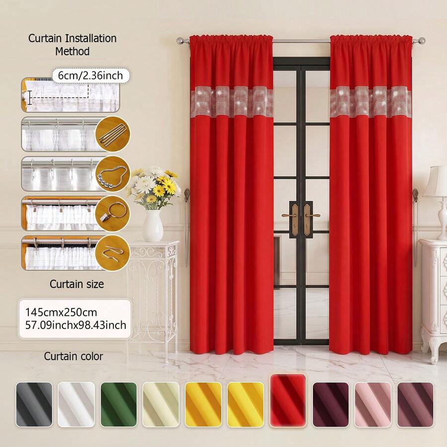 FLYINGCURTAINS Modern Plaid Patchwork Thermal Sunscreen Curtain With Window Rod Bag Style Light Translucent Privacy Window Screen, Farmhouse Style Home Decor Curtain - Red - View 1