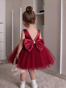 Baby Girls Mesh Party Dress Flower Girl Princess Gown Elegant Dress Suitable For Girls Baby 1st Birthday Gift Banquet Evening Party Dress Important Occasions Holiday Celebration Outfit - Burgundy - View 1