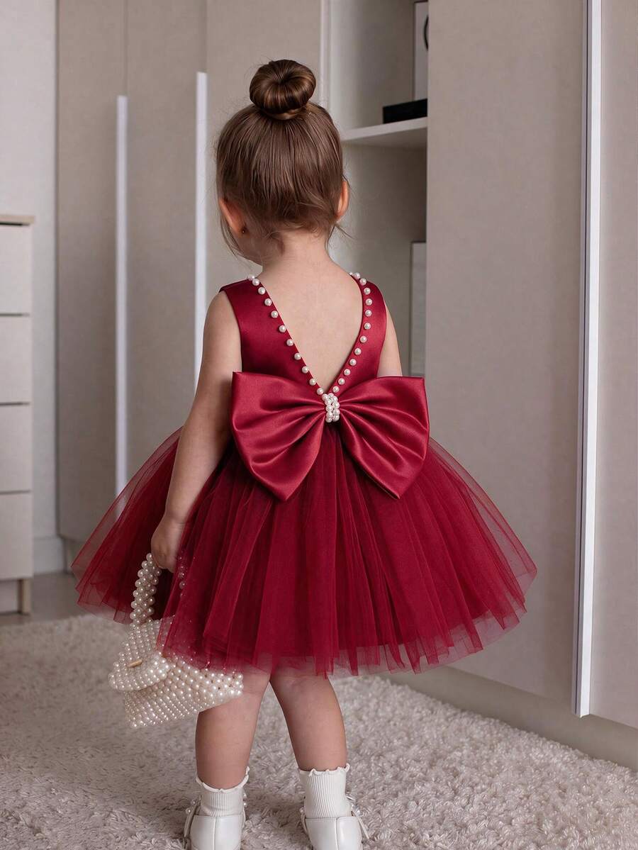 Baby Girls Mesh Party Dress Flower Girl Princess Gown Elegant Dress Suitable For Girls Baby 1st Birthday Gift Banquet Evening Party Dress Important Occasions Holiday Celebration Outfit - Burgundy - View 1