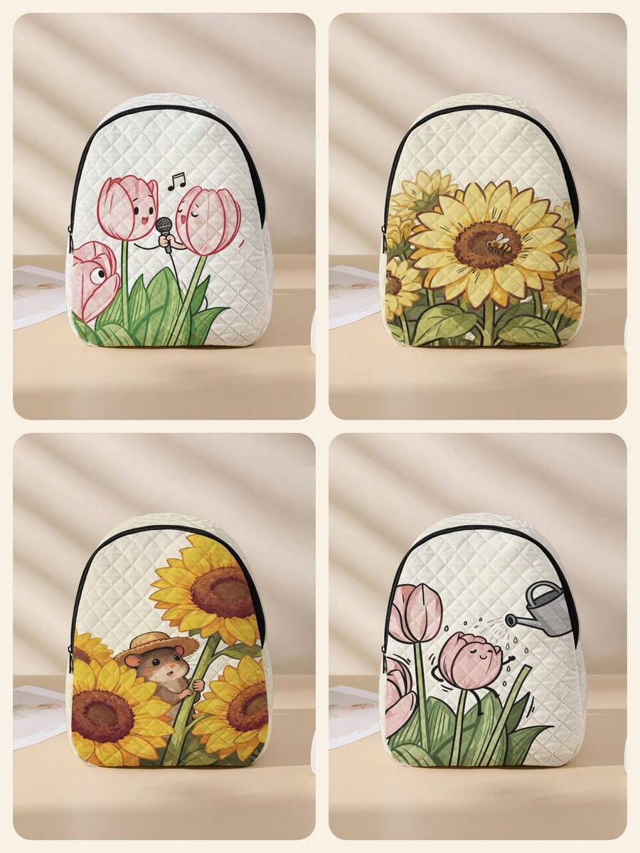 1pc Diamond Pattern Backpack, School Bag, Storage Bag, Travel Storage Backpack, Floral Print Design, Large Capacity Foldable Easy Storage Bag, Lightweight Burden Reduction, Reinforced Shoulder Straps + Zipper Closure, Large Capacity Storage More Organized, Convenient And Practical For Retrieving Items, Suitable For Student School Bag, Women's Commuter Backpack, Short Trip Bag, Campus Casual Backpack, Applicable For School Books, Daily Commute, Outdoor Travel - Multicolor - View 1