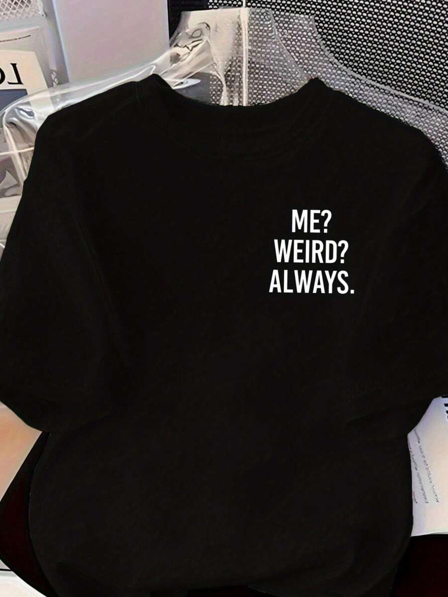 Women's Crewneck Short‑Sleeve Tee, Fun Quirky Text Print, Casual Comfort Autumn Daily Top, Fast Local Shipping - 黑色 - 查看 1