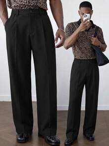 Men's Old Money Style Pleated Loose Straight Leg Wide Leg Casual Pants, Business Casual Pleated Wide Leg Long Pants - Black - View 2