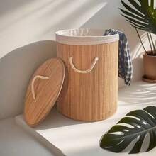 Bamboo Laundry Basket, Large Capacity, Foldable, Movable, With Handle, With Lid, Universal Wheels, Rectangular/Round, Space-Saving Storage For Bedroom, Bathroom, Laundry Room, Home Use - Bamboo Original Color - View 5