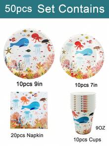 10件套海洋主题婴儿派对/生日派对用品，海底世界海洋动物装饰餐盘、杯子、餐巾纸和餐具，适合10位客人 - 查看 14