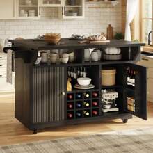 Black Multifunctional Kitchen Serving Trolley With Storage, Adjustable Shelves & Wine Rack, Mobile Rolling Side Table, Utility Storage Cart For Dining Room, Living Room And Balcony Home Use Character Count: 117 - Black - View 2