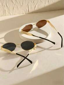 1pc Oval Metal Frame Glasses, Fashionable And Versatile, Suitable For Daily Wear, Beach Vacation, Street Photography, Summer Beach Holiday, Outdoor Activities And Travel - Multicolor - View 3