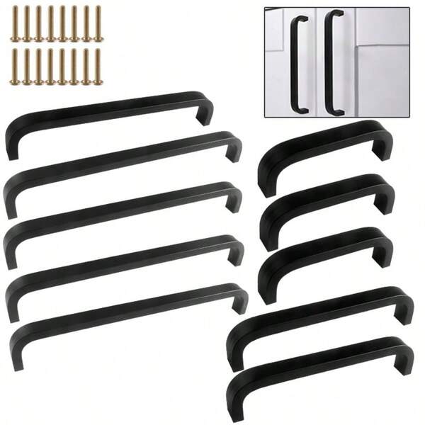 10pcs Arched Polished Metal Handles, Solid Aluminum Alloy Cabinet Door Drawer Pulls, Modern Minimalist Black Metal Finish, Suitable For Furniture Hardware