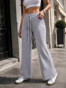 Pants de pierna ancha para mujer. Colores sólidos sin estampado. Ajuste de cintura natural con cordón ajustable. Sin bolsillos. Ideal para el uso diario. Textura tipo canalé. - Gris - Ver 5
