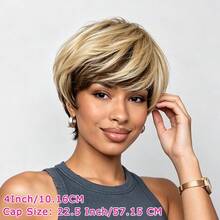 Fashion Layered Short Pixie Cut Human Hair Wig For Women With Bangs, 100% Human Hair, Gradient Brown To Blonde, Fully Machine Woven Elastic Mesh Cap, Ready To Wear For Holiday, Party And Daily Use - S4/27 - View 11