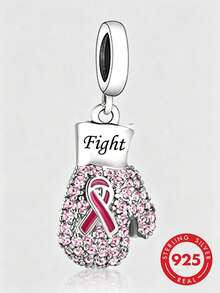 HuooNew 1pc 925 Sterling Silver Boxing Glove Pendant Charm, Pink Ribbon Breast Cancer Awareness Cubic Zirconia Pendant Bead, Suitable For European Style Bracelets, Support - Silver - View 1