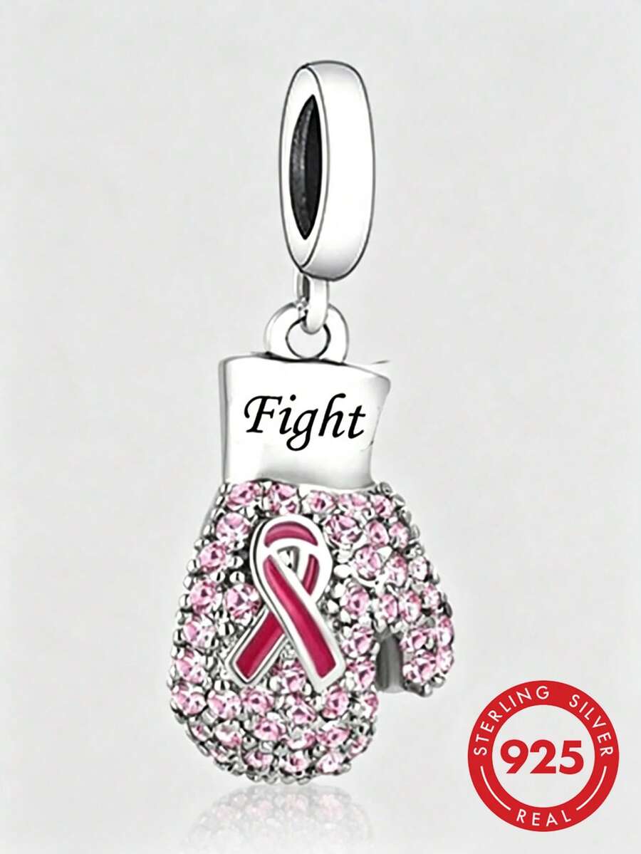 HuooNew 1pc 925 Sterling Silver Boxing Glove Pendant Charm, Pink Ribbon Breast Cancer Awareness Cubic Zirconia Pendant Bead, Suitable For European Style Bracelets, Support - Silver - View 1
