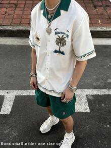 Men's Loose Fit 2 Pieces Shirt Set, High Street Style, Semi-Sheer Fabric, Contrast Color Botanical Large Print Pattern, Summer Outfits For Men, Gift - Dark Green - View 4