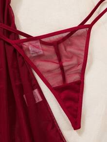 Conjunto de 2 Peças Feminino Pijama de Renda Transparente Vermelho Vinho com Alças Finas e Calcinha, Roupa de Dormir, Pijama de Halloween - Vinho - Visão 5