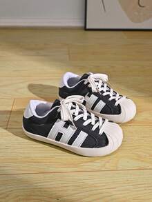 Kids Leopard Print Lace-Up Casual Sneakers, Soft Sole Non-Slip Retro Sports Shoes For Boys And Girls - Black - View 3