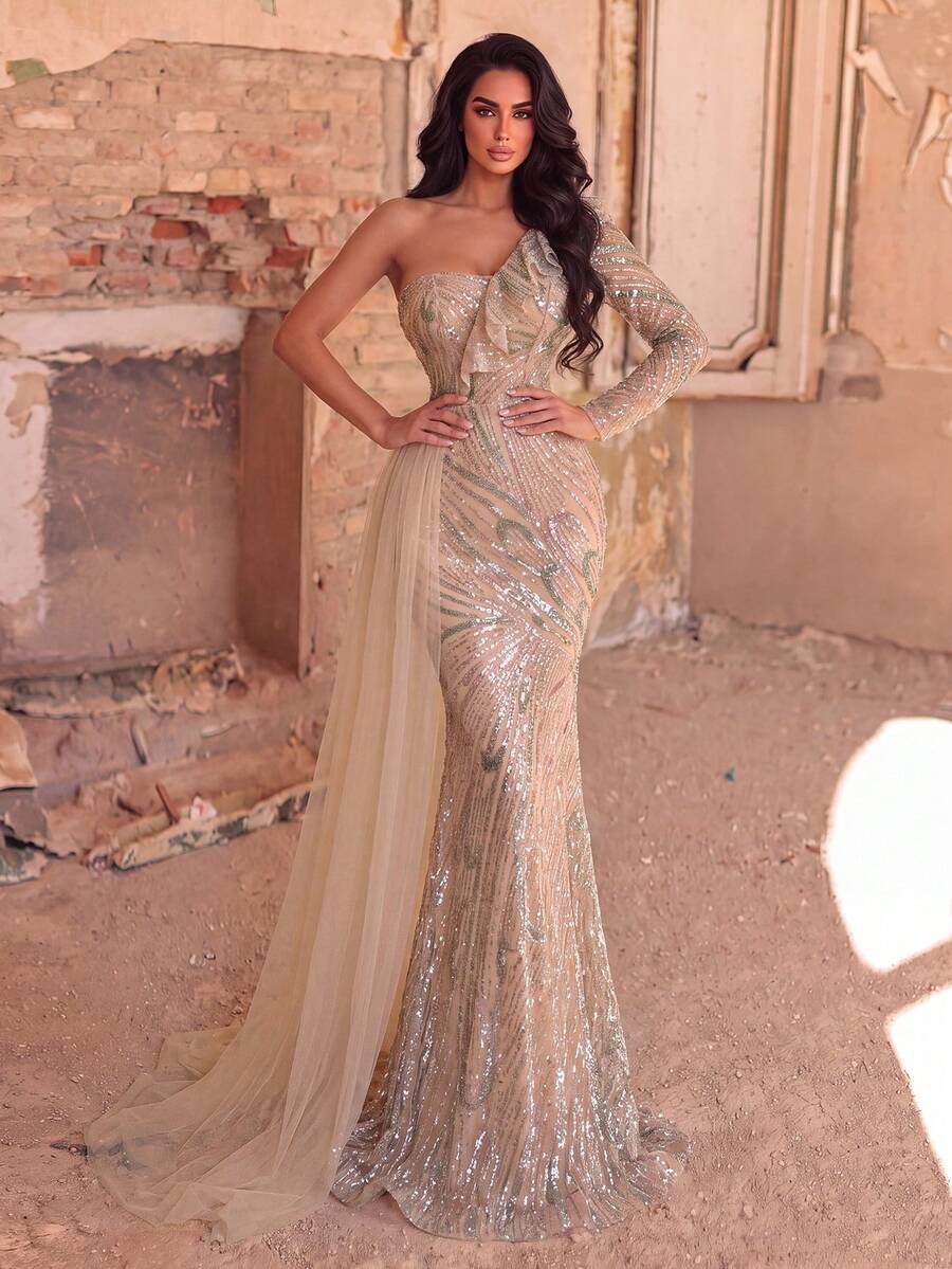 Women's Sequin Asymmetrical Neckline Long Sleeve Mermaid Formal Evening Gown, Suitable For Dinner Parties And Balls - Khaki - View 1