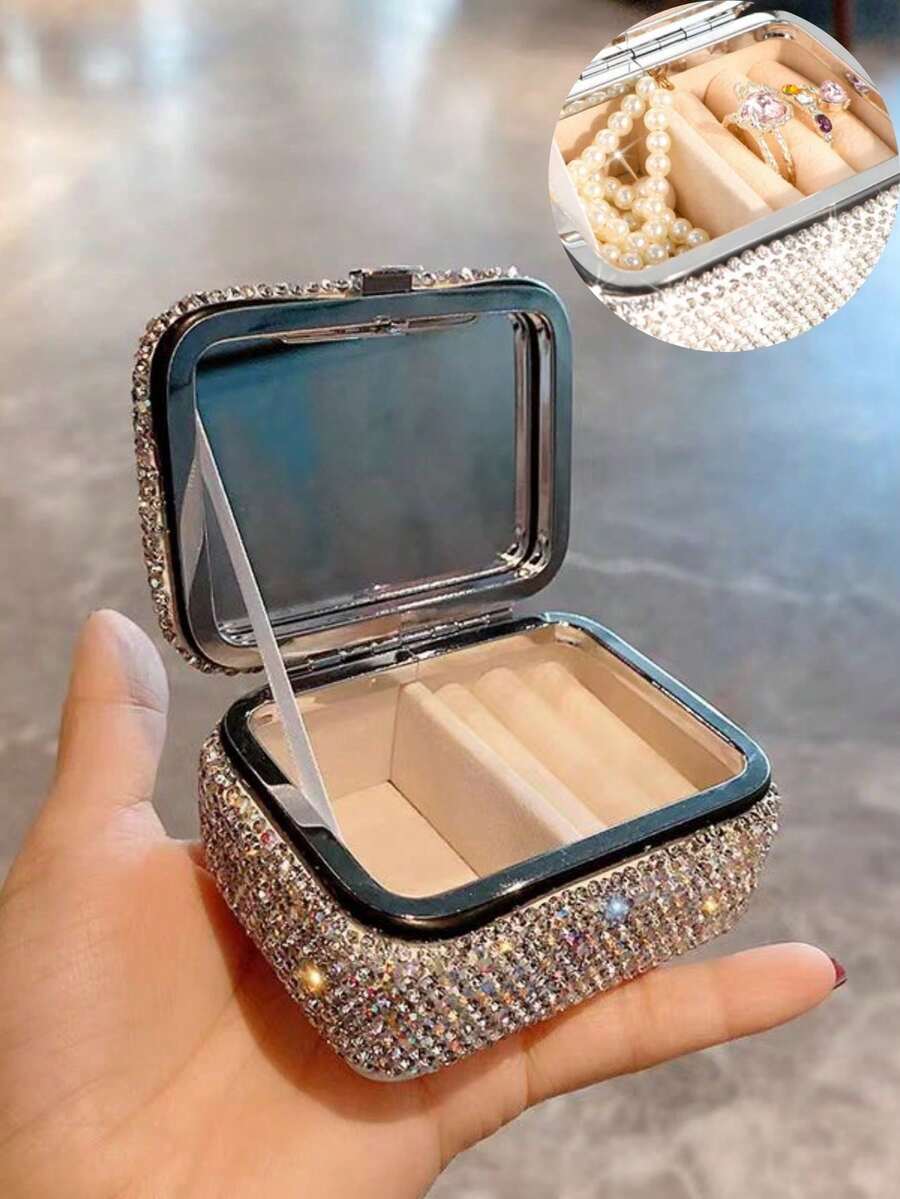 1pc High-Value Sparkling Artificial Rhinestone Jewelry Storage Box, Cosmetic Ring Bracelet Earring Organizer Travel Portable Mirror Jewelry Box Exquisite Gift Item