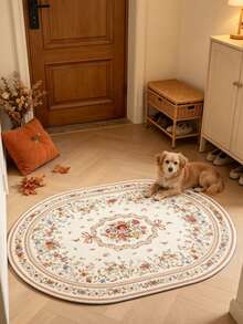 1 pieza Alfombra ovalada de lujo estilo europeo - Suave y esponjosa con patrón floral, ribete dorado, alfombra floral ovalada, alfombra decorativa, decoración de dormitorio, alfombra pequeña, alfombra, decoración del hogar, alfombra para sala de estar, alfombra pequeña para sala de estar, alfombra de dormitorio, decoración del hogar para sala de estar, alfombra para exteriores, alfombra lavable - A - Ver 6