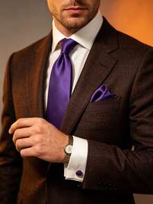 1 Set Silk Solid Color Tie, Pocket Square, Cufflinks 3 Pieces Set Suitable For Business Casual, Wedding, Banquet - Dark Purple - View 5