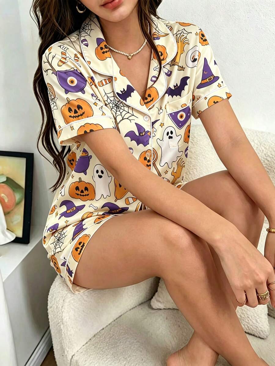 Dreamivo Women's Halloween Skull Ghost Pumpkin Print Collared Button-Up ...