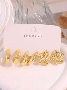 3/9 Pairs Gold Stud Earrings Fashion Elegant Floral Geometric Multi-Element Gold Metallic Earring Set, Women's Fashion Earring Set, Best Gift For Best Friends, Full Of Atmosphere (Lightweight CCB Material, Non-Fading) - Gold - View 2