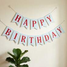 2PCS Blue Plaid Red Happy Birthday Banner, Classic Paper Birthday Banner, Suitable For Birthday Parties, Wall Decorations, Fireplace Decorations, Room Decorations, Photo Props, Birthday Gifts, Birthday Party Decorations - A - View 1