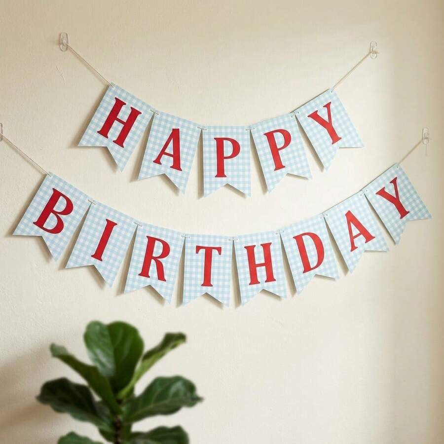 2PCS Blue Plaid Red Happy Birthday Banner, Classic Paper Birthday Banner, Suitable For Birthday Parties, Wall Decorations, Fireplace Decorations, Room Decorations, Photo Props, Birthday Gifts, Birthday Party Decorations - A - View 1
