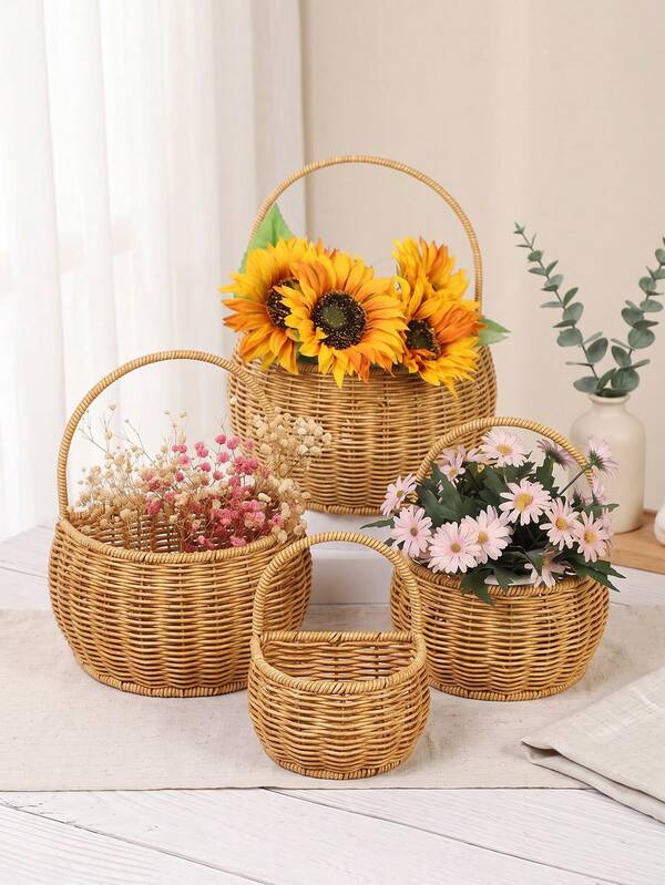 1pc Handwoven Rattan Wall Hanging Basket, Rustic Wicker Storage Organizer With Handle, Farmhouse Kitchen Fruit Spice Holder, Boho Wall Flower Basket, Semi & Rectangle Multi Size Woven Basket For Bathroom Home Sundries Storage Decor