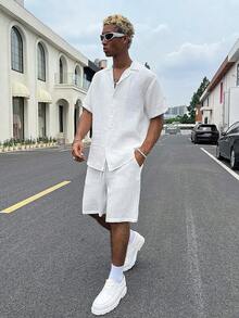 Men's Solid Color Single-Breasted Short Sleeve Shirt And Pocket Shorts Set - White - View 1