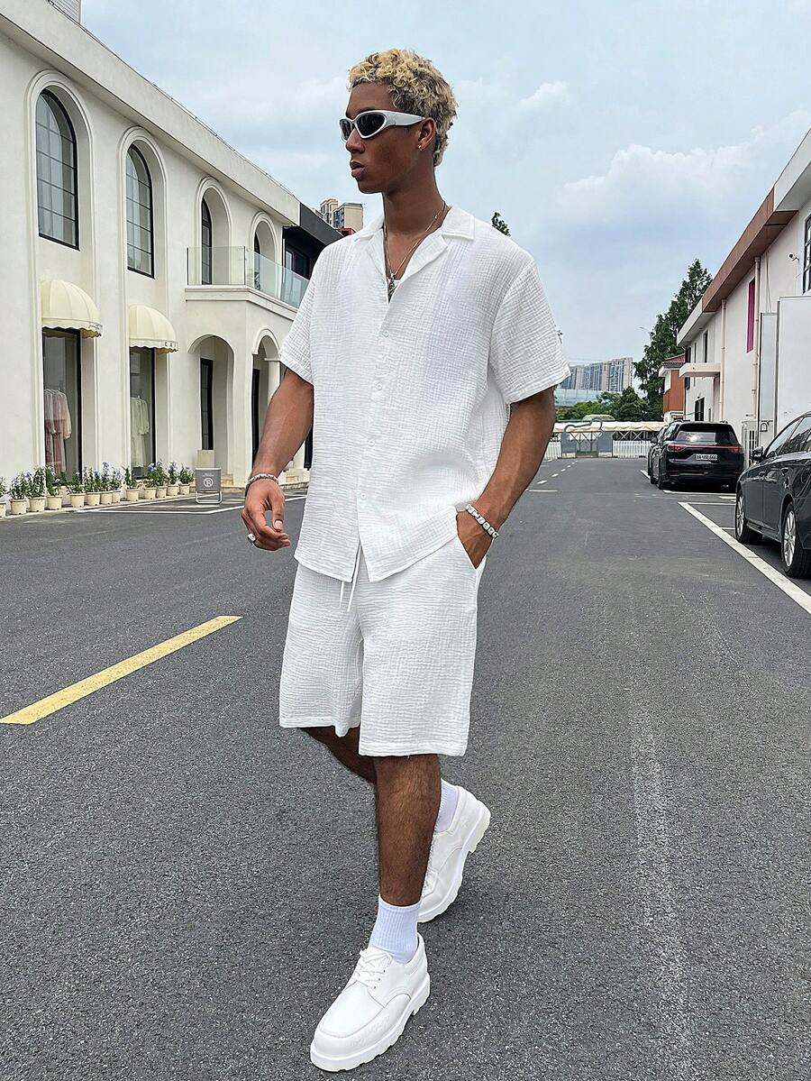 Men's Solid Color Single-Breasted Short Sleeve Shirt And Pocket Shorts Set - White - View 1