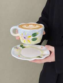 1 Set Creative Hand-Pinched Coffee Cup And Saucer, Hand-Painted Embossed Floral Ceramic Cup, Tea Cup, Water Cup, Mug, Suitable For Office, Living Room, Home Use, Gift, Cup, One Cup Of Coffee - Multicolor - View 1