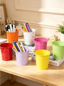 1pc Dual‑Handle Bucket‑Shaped Desktop Pen Holder, Dopamine Color Multi‑Purpose Mini Succulent Plant Pot, Neutral Modern Decor Storage Organizer, For Home Office Dorm Study, Back To School Daily Desk Supplies - Multicolor - View 11