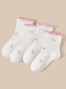 4 Pairs White Socks For Infants/Children/Students, Ruffle Trim Lace Socks, Simple Fashion Versatile All-Season Style, Skin-Friendly Comfortable Soft Breathable Casual Sports Socks, Suitable For Daily Wear/Holiday Gifts/Travel/Back To School/Campus Outfits/Sports Outfits/Classroom/New Semester/School Opening/Student/Back To School Season Outfits - Multicolor - View 7